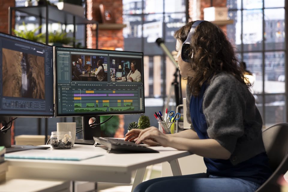 Monteuse au travail sur une timeline de montage